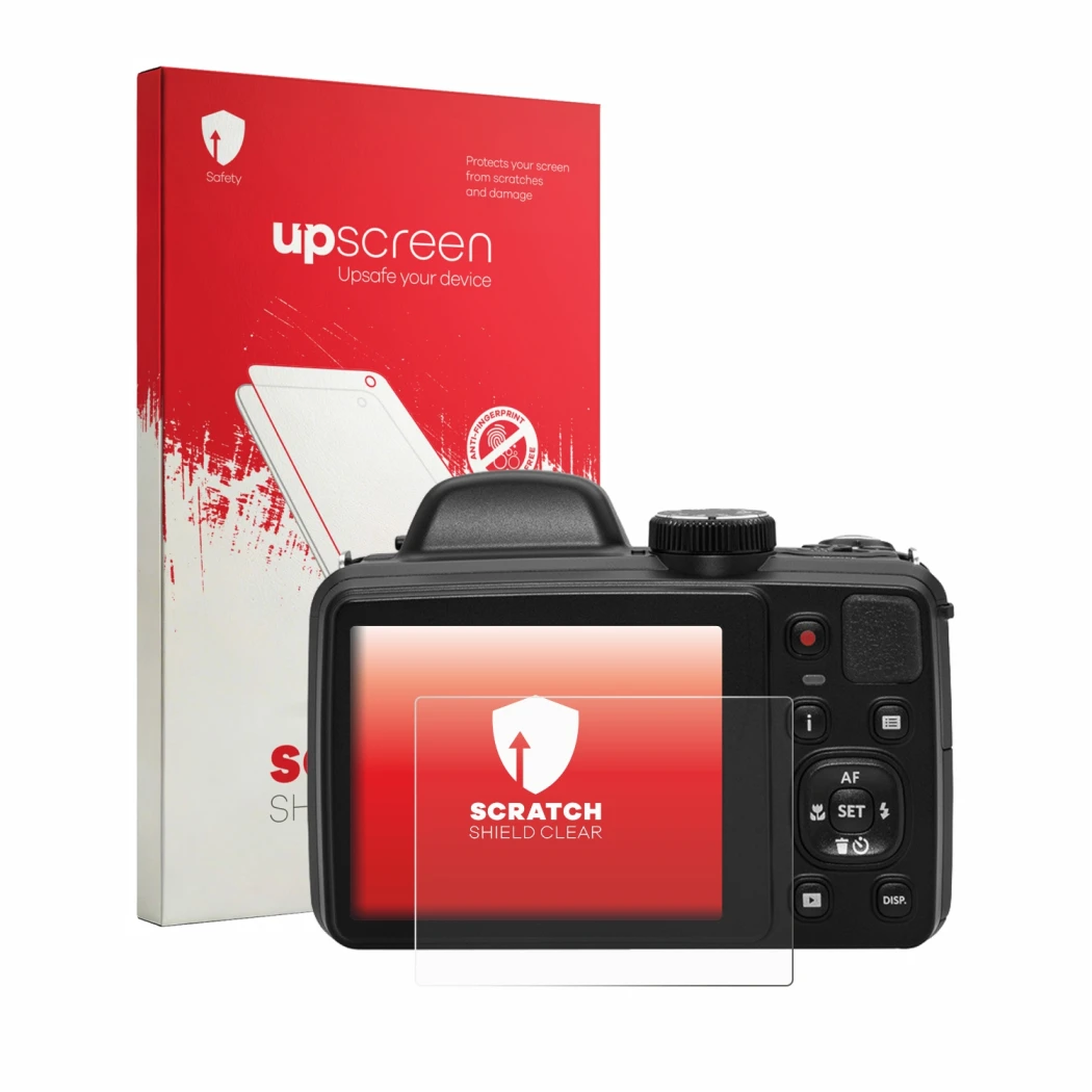 Face avant d’un emballage produit avec le logo de la marque upscreen. À côté, l’appareil Kodak Pixpro AZ425 est représenté ave