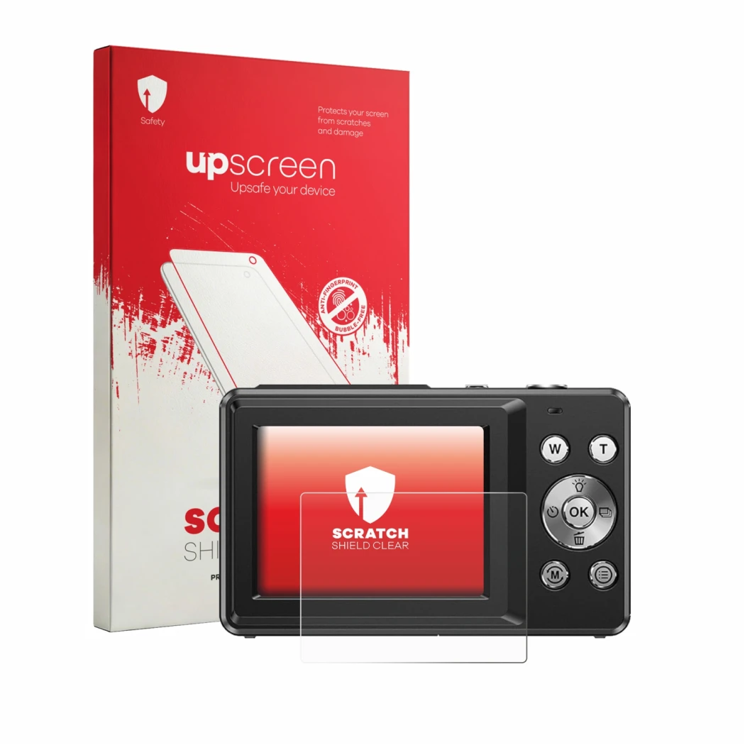 Face avant d’un emballage produit avec le logo de la marque upscreen. À côté, l’appareil IXNAIQY Vlogging Camera for Kids est