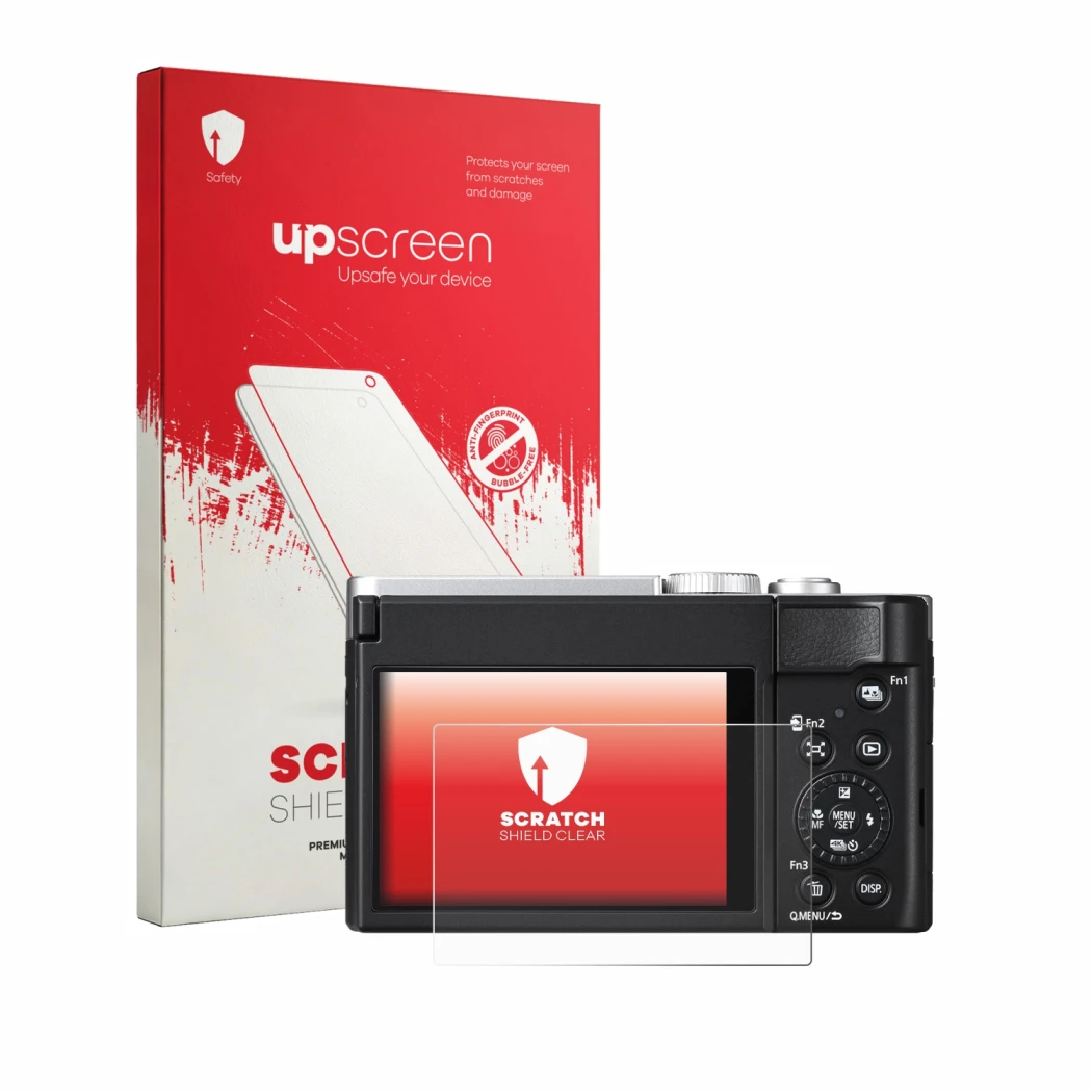 Face avant d’un emballage produit avec le logo de la marque upscreen. À côté, l’appareil Panasonic Lumix DC-TZ99E-S est représ