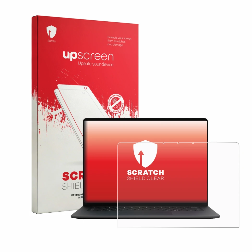 Face avant d’un emballage produit avec le logo de la marque upscreen. À côté, l’appareil Microsoft Surface Laptop 15