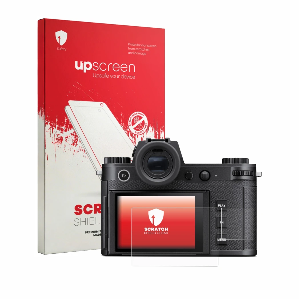 Face avant d’un emballage produit avec le logo de la marque upscreen. À côté, l’appareil Leica SL3-P (Affichage + affichage de