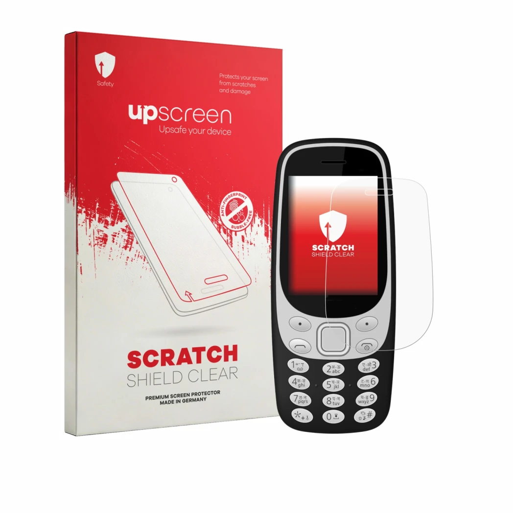 Face avant d’un emballage produit avec le logo de la marque upscreen. À côté, l’appareil Karbonn K32N est représenté avec la p