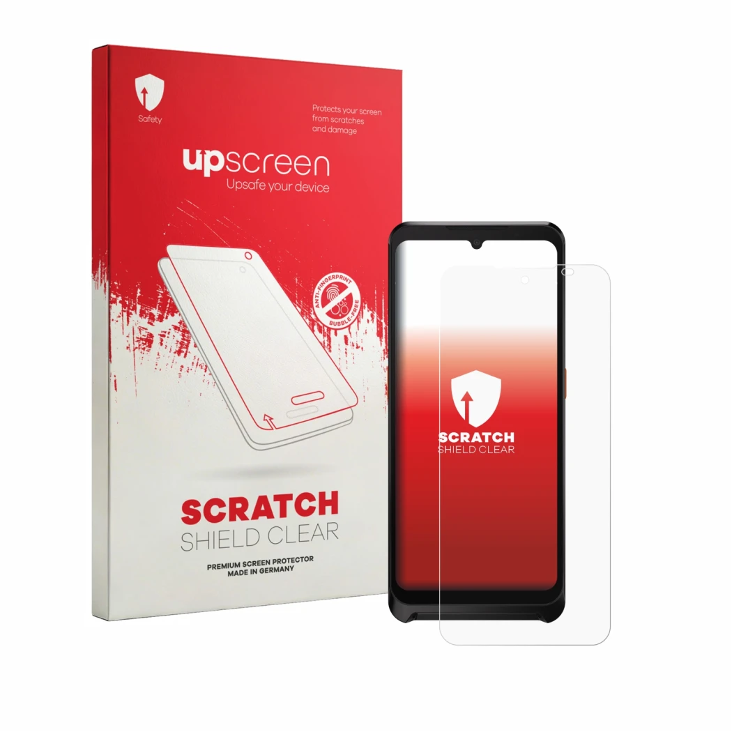 Face avant d’un emballage produit avec le logo de la marque upscreen. À côté, l’appareil Sunmi P3 Air est représenté avec la p
