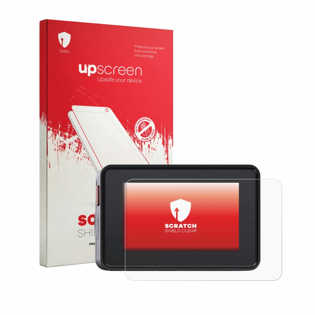 Face avant d’un emballage produit avec le logo de la marque upscreen. À côté, l’appareil Vantrue Element 2 est représenté avec