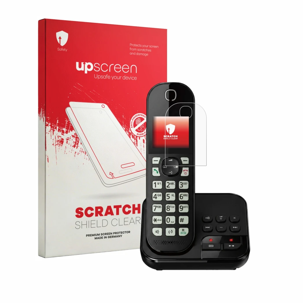Face avant d’un emballage produit avec le logo de la marque upscreen. À côté, l’appareil Panasonic KX-TGC460 est représenté av
