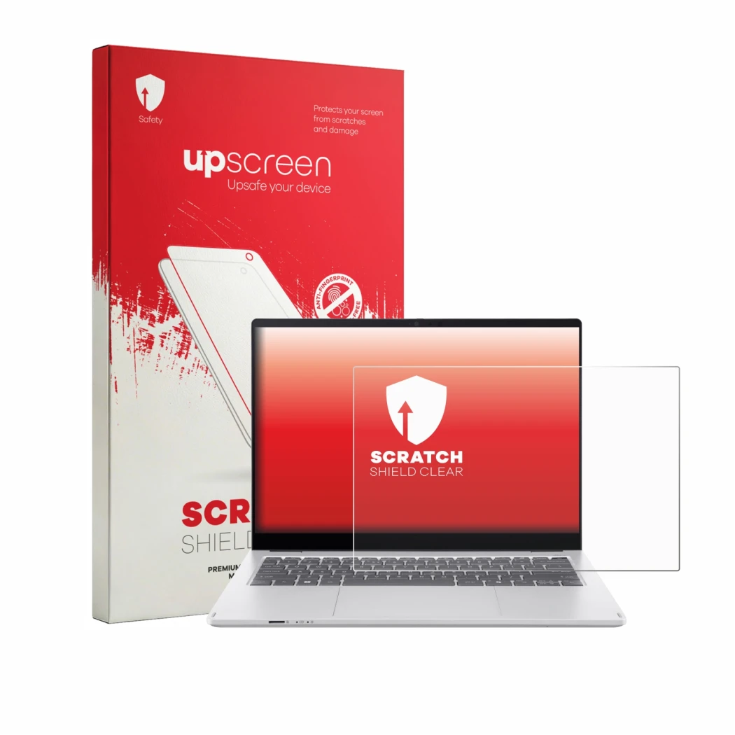 Face avant d’un emballage produit avec le logo de la marque upscreen. À côté, l’appareil Acer Swift Spin 14 AI est représenté