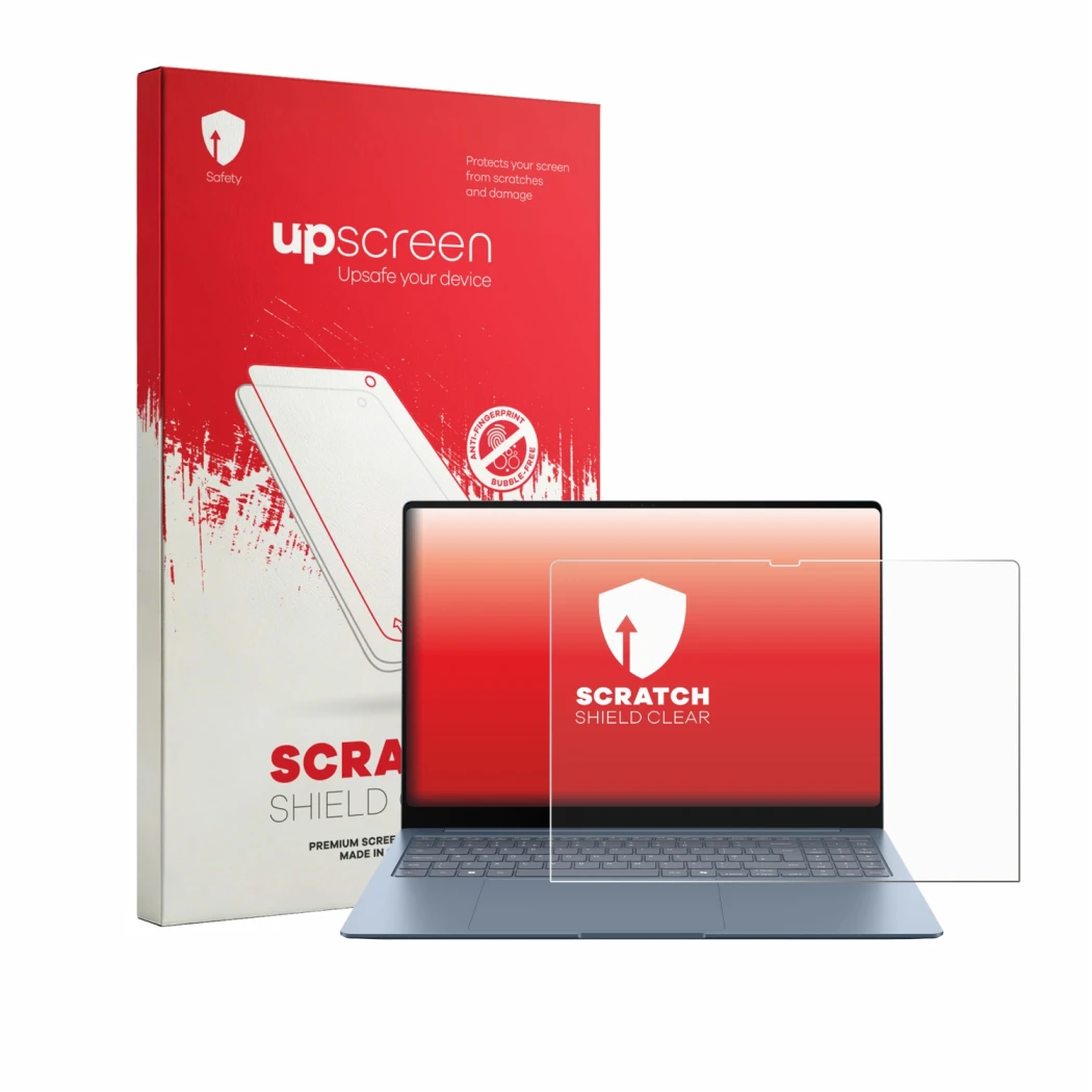 Face avant d’un emballage produit avec le logo de la marque upscreen. À côté, l’appareil Samsung Galaxy Book6 Edge 16