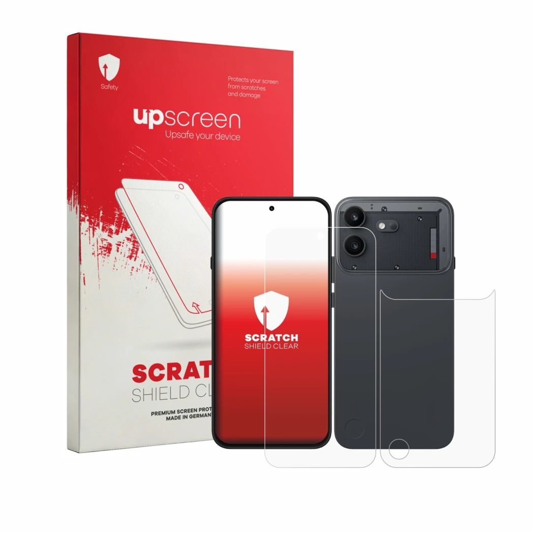Face avant d’un emballage produit avec le logo de la marque upscreen. À côté, l’appareil Nothing Phone (4b) (Avant+Arrière) es