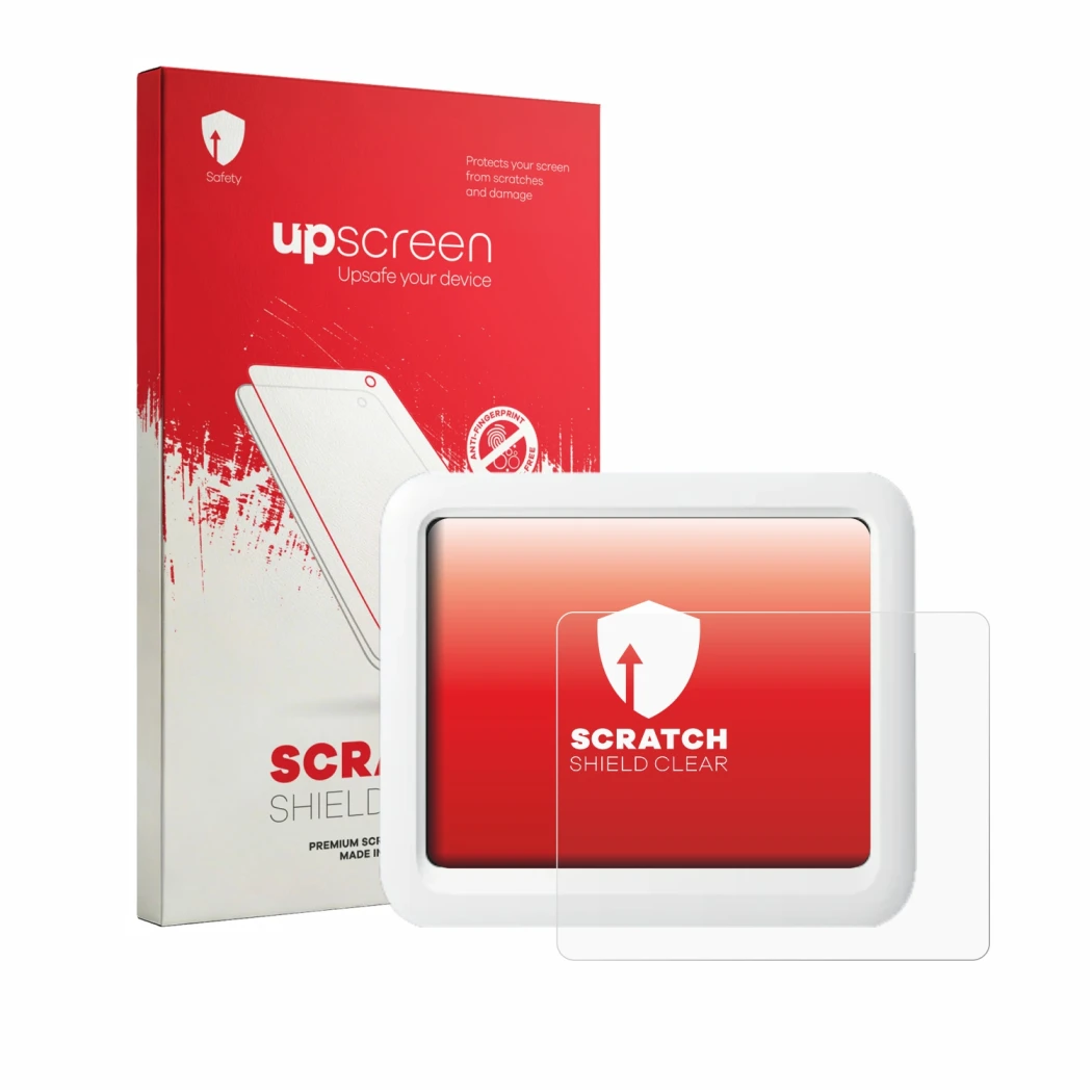Face avant d’un emballage produit avec le logo de la marque upscreen. À côté, l’appareil SwitchBot Meter Pro est représenté av