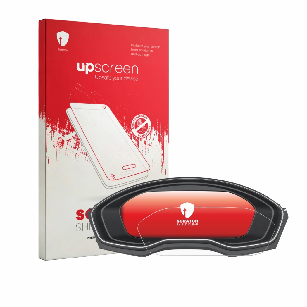 Face avant d’un emballage produit avec le logo de la marque upscreen. À côté, l’appareil Audi A4 B9 2019-2024 Virtual Cockpit 