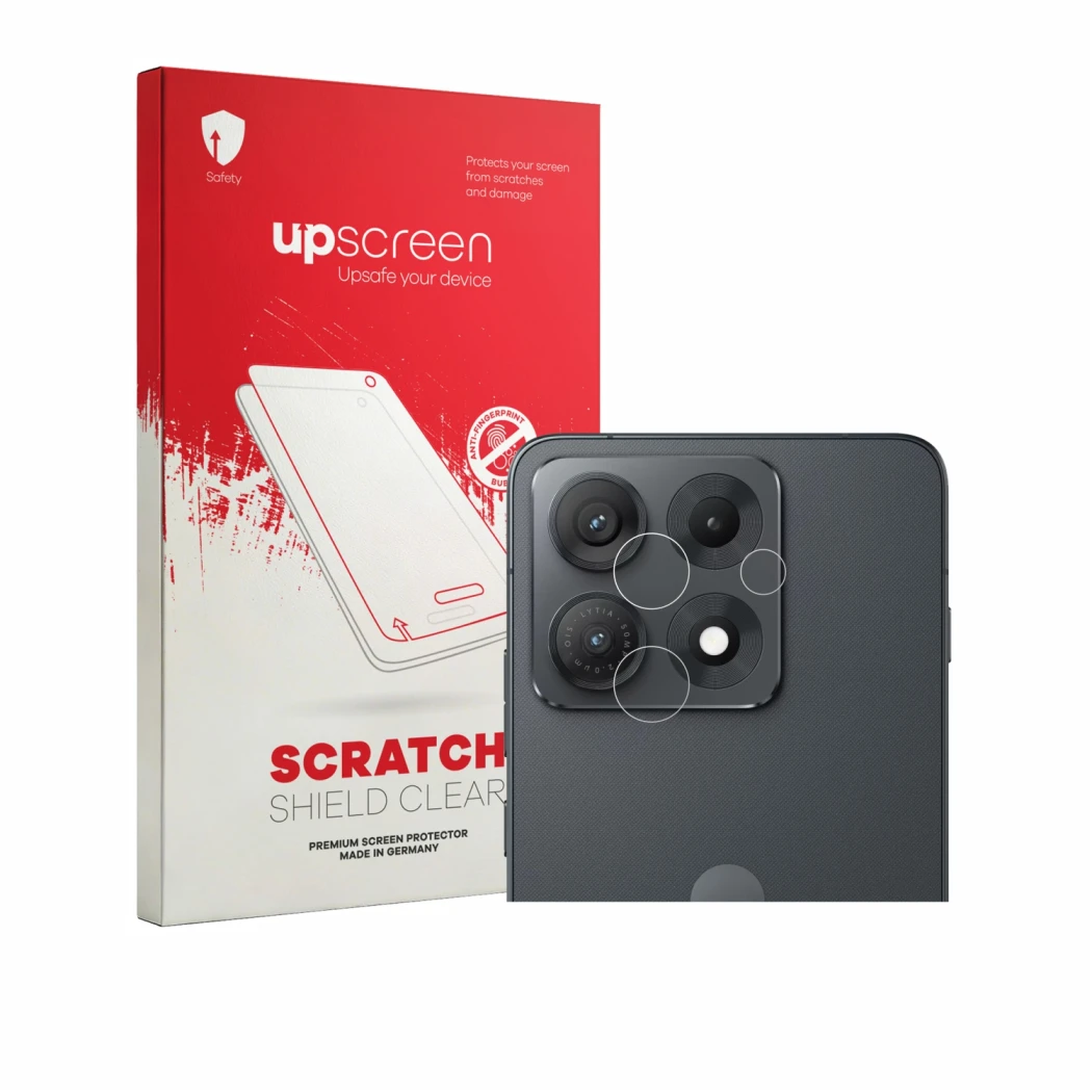 Face avant d’un emballage produit avec le logo de la marque upscreen. À côté, l’appareil Motorola Edge 70 Max (Caméra UNIQUEME