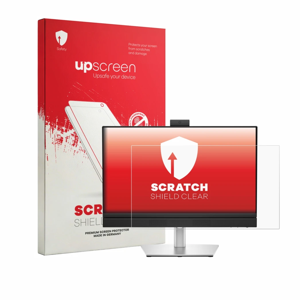 Face avant d’un emballage produit avec le logo de la marque upscreen. À côté, l’appareil Dell Pro 24-All-in-One Plus QB24250 e