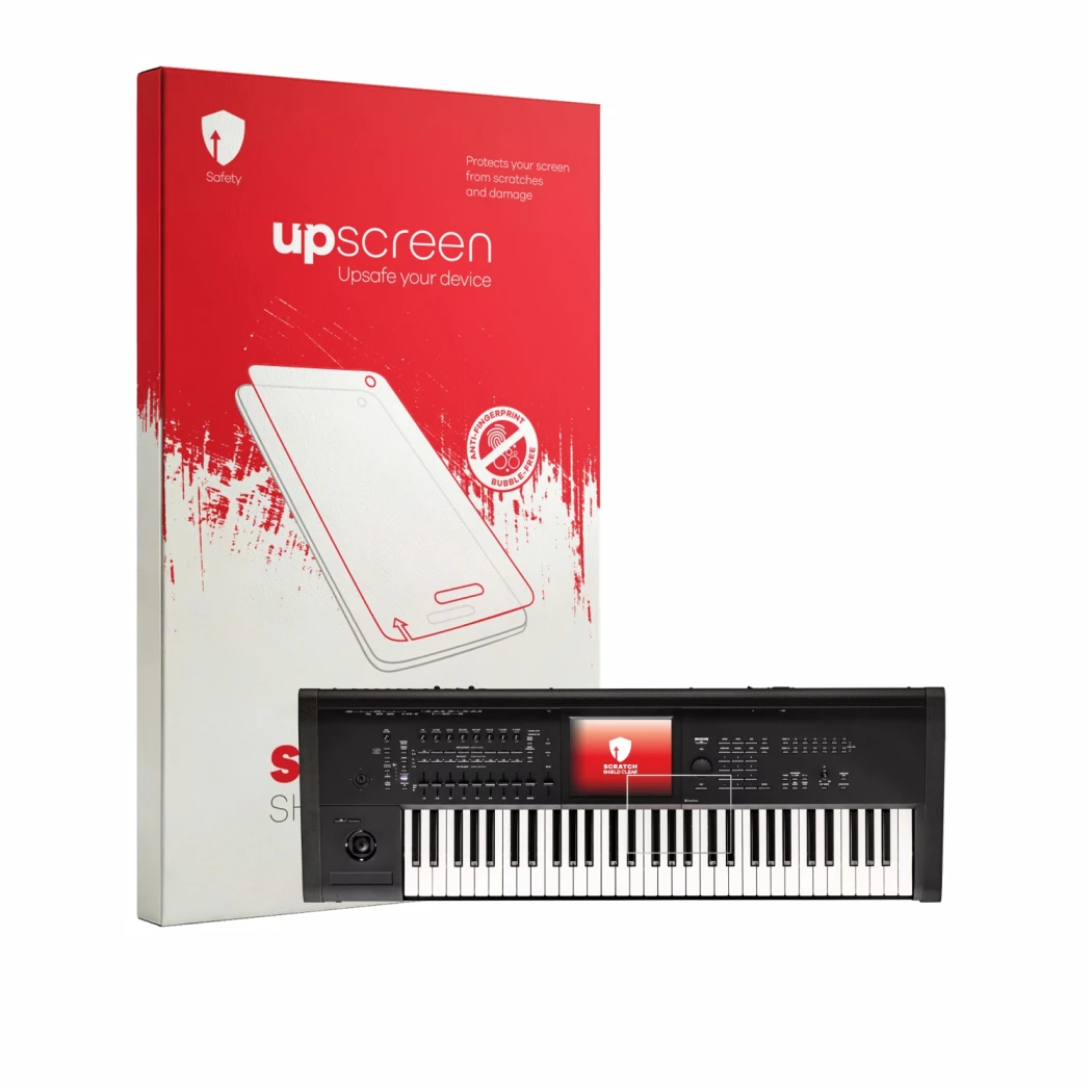 Face avant d’un emballage produit avec le logo de la marque upscreen. À côté, l’appareil KORG Kronos 3 (2025) 61 est représent