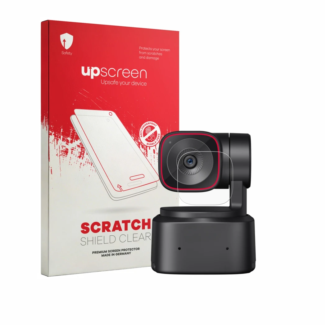 Face avant d’un emballage produit avec le logo de la marque upscreen. À côté, l’appareil OBSBOT Tiny 2 Lite est représenté ave