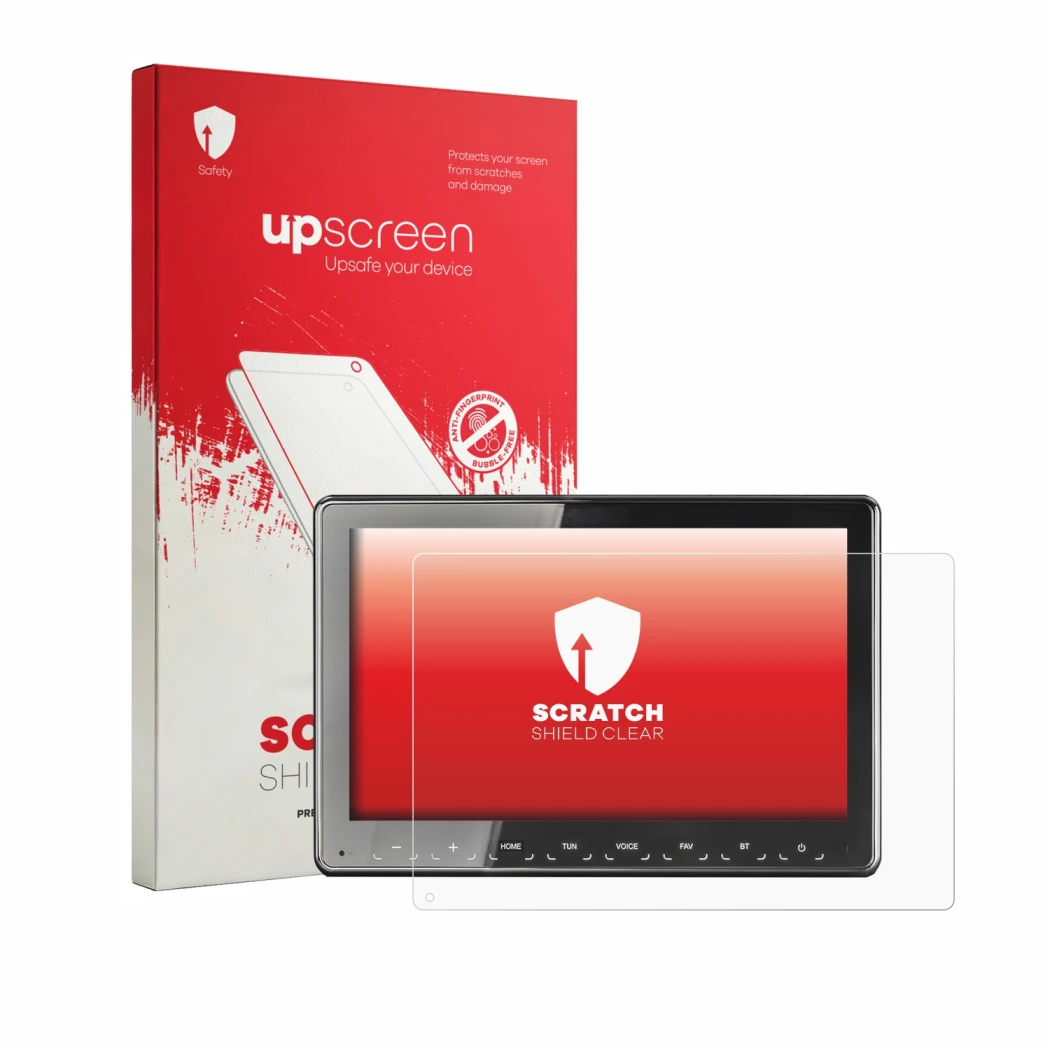 Face avant d’un emballage produit avec le logo de la marque upscreen. À côté, l’appareil Zenec Z-N975 est représenté avec la p