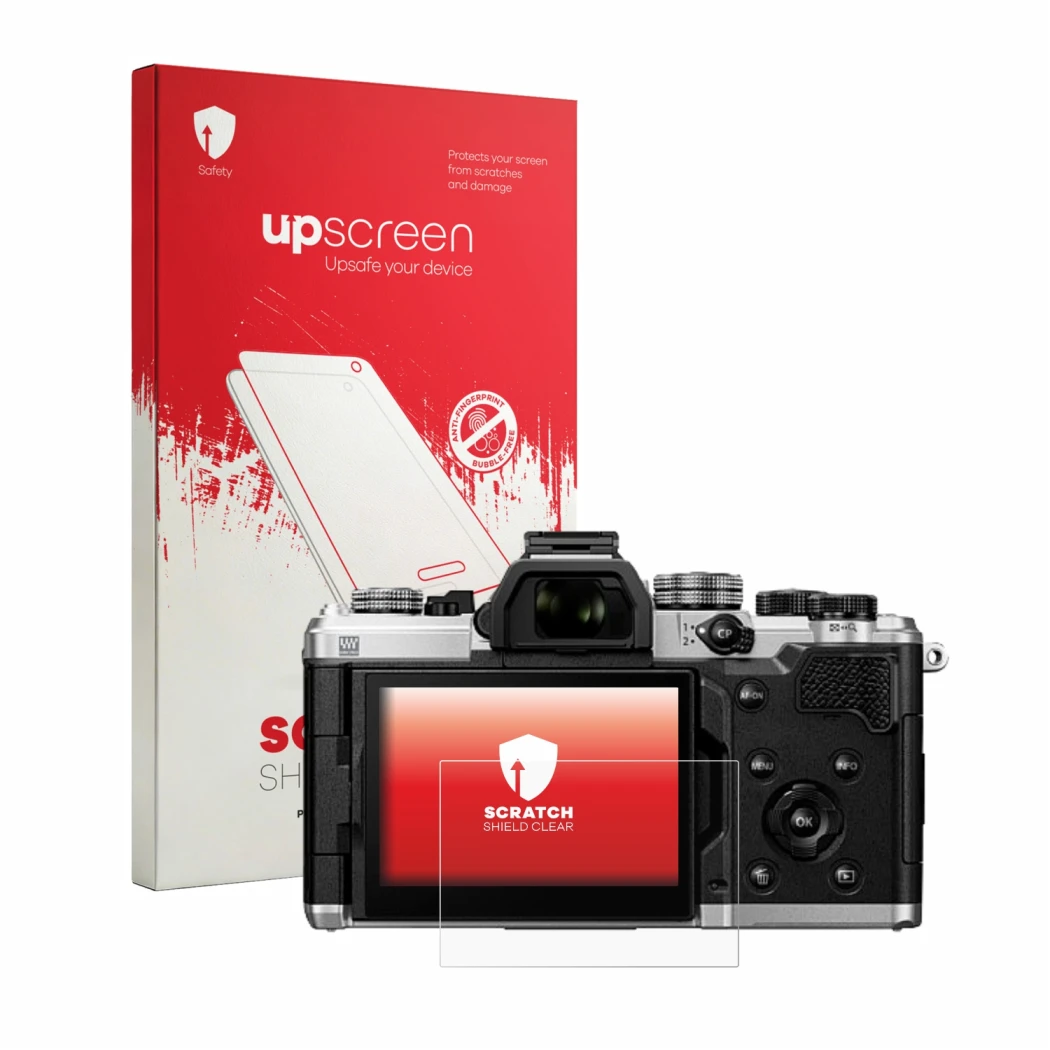 Face avant d’un emballage produit avec le logo de la marque upscreen. À côté, l’appareil OM System OM-3 ASTRO est représenté a