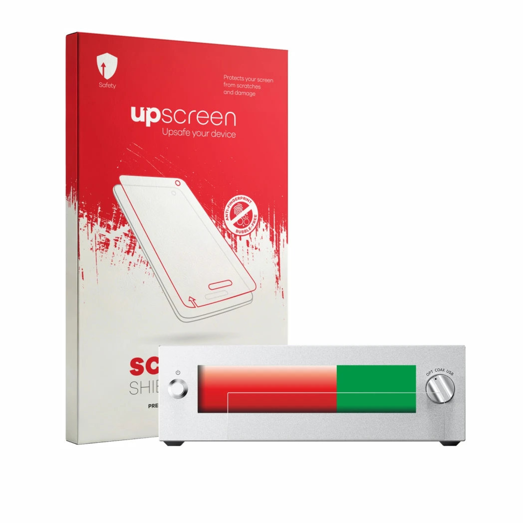 Face avant d’un emballage produit avec le logo de la marque upscreen. À côté, l’appareil FiiO Warmer R2R est représenté avec l