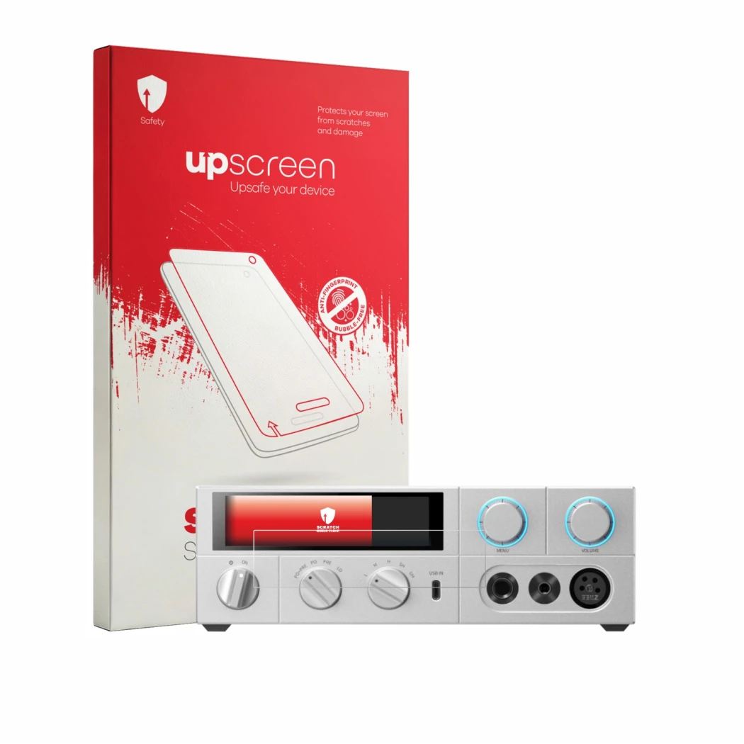 Face avant d’un emballage produit avec le logo de la marque upscreen. À côté, l’appareil FiiO K15 est représenté avec la prote