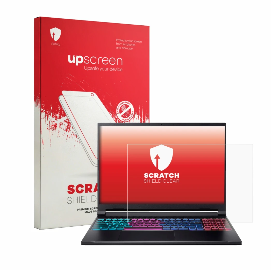 Face avant d’un emballage produit avec le logo de la marque upscreen. À côté, l’appareil Acer Nitro V16S est représenté avec l