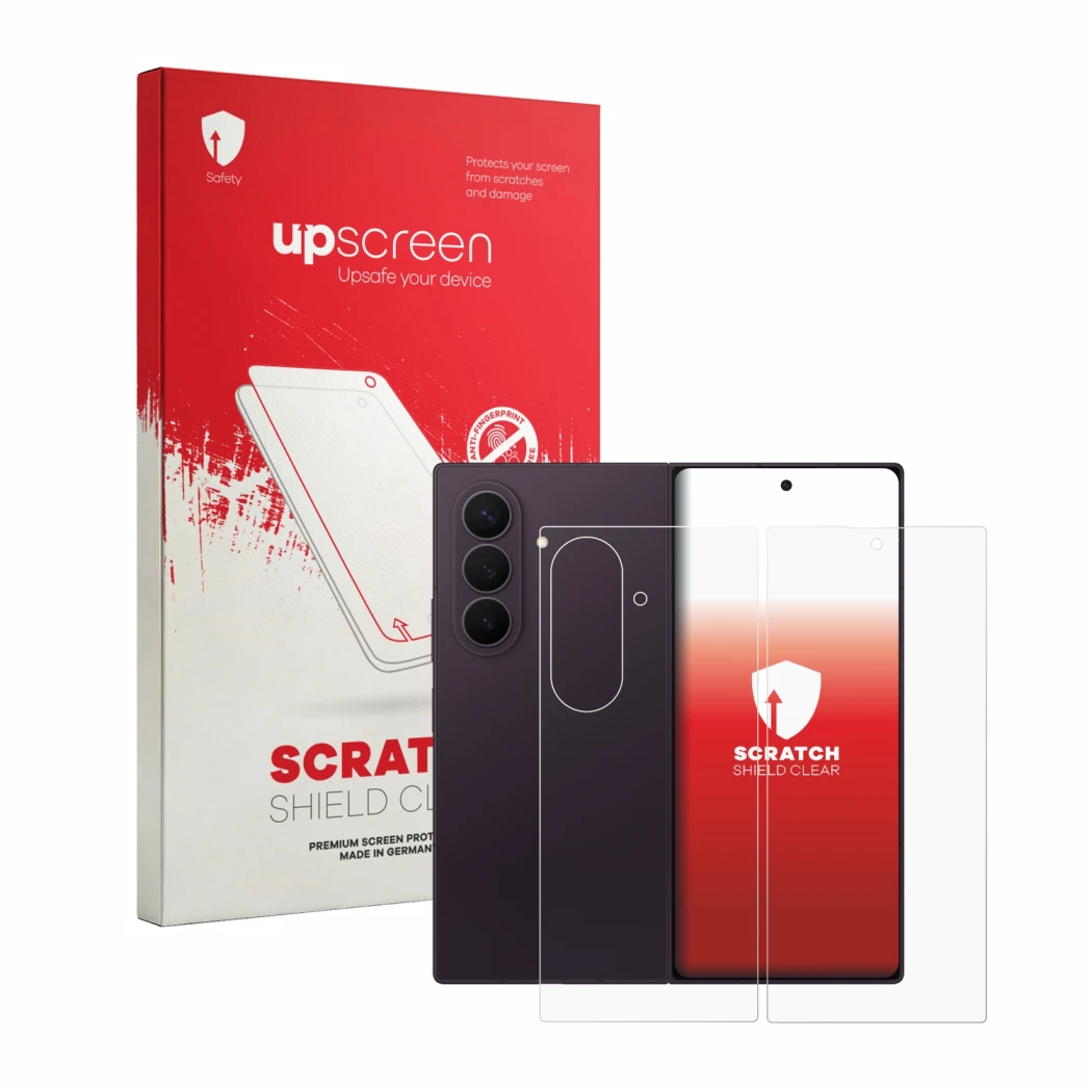 Face avant d’un emballage produit avec le logo de la marque upscreen. À côté, l’appareil Samsung Galaxy Z Fold 8 Ultra (Avant+