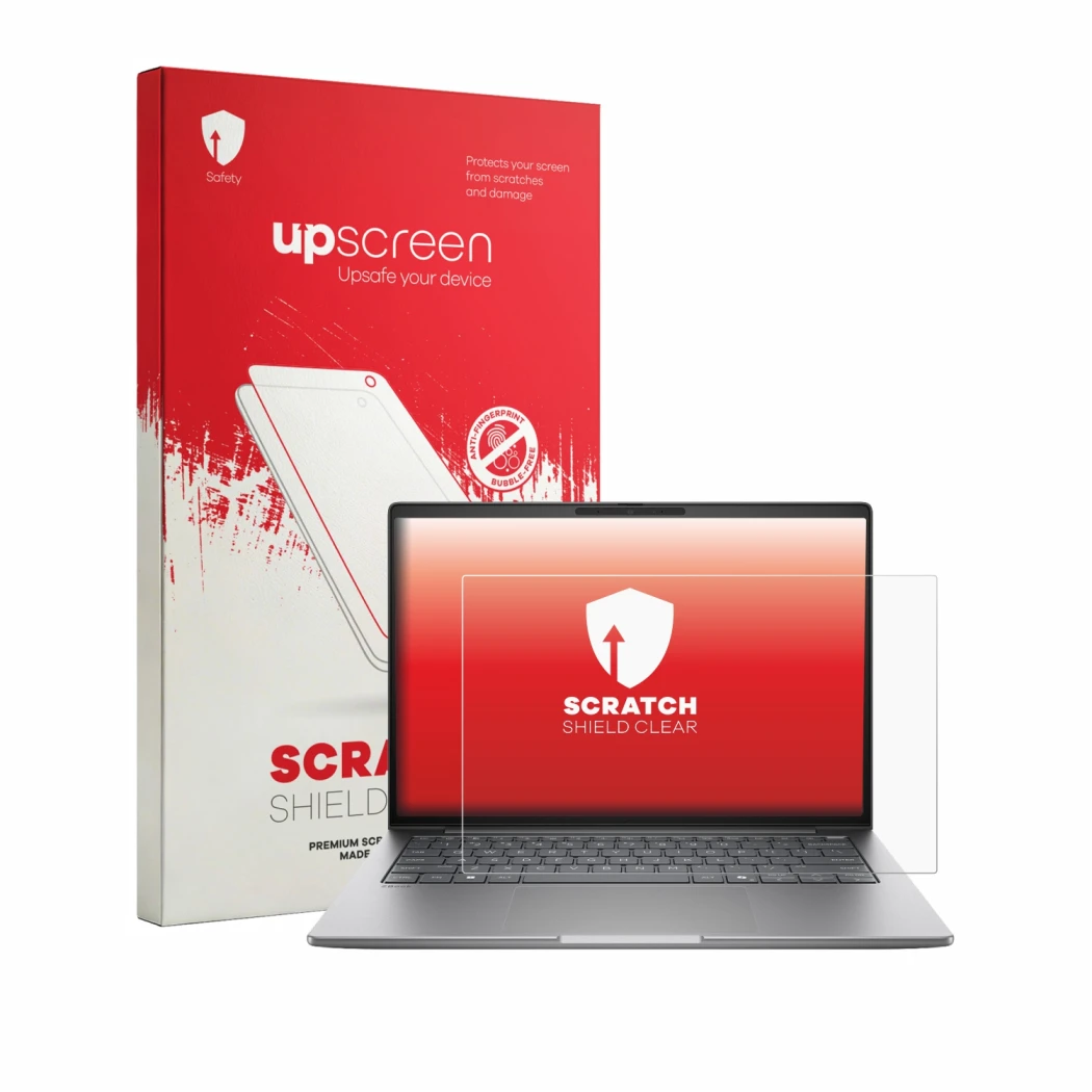 Face avant d’un emballage produit avec le logo de la marque upscreen. À côté, l’appareil HP Zbook 8 G2i 14