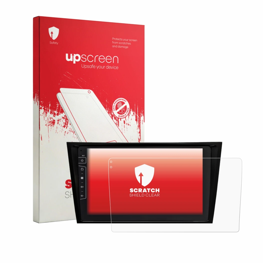 Face avant d’un emballage produit avec le logo de la marque upscreen. À côté, l’appareil Dynavin D10-W211 Premium est représen