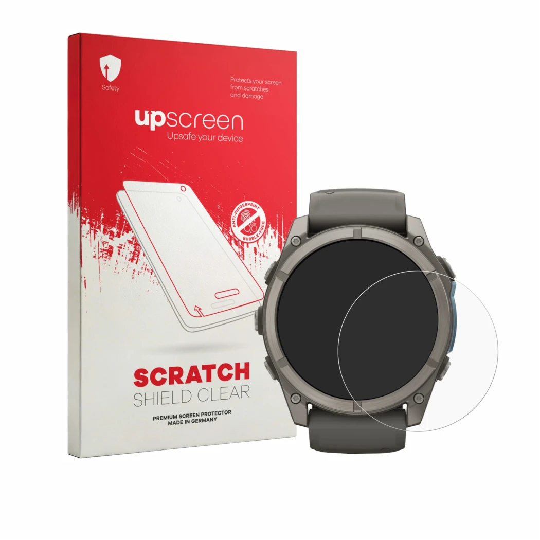 Face avant d’un emballage produit avec le logo de la marque upscreen. À côté, l’appareil Garmin Fenix 9 (51 mm) est représenté