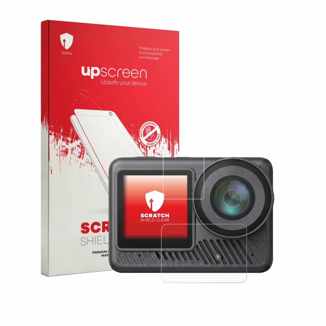 Face avant d’un emballage produit avec le logo de la marque upscreen. À côté, l’appareil Akaso Brave 8 Lite est représenté ave