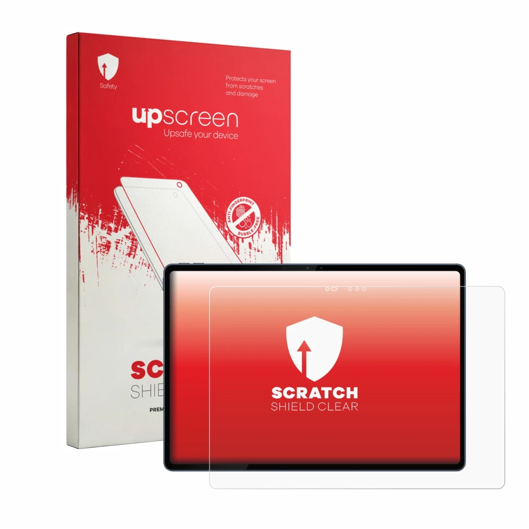 Face avant d’un emballage produit avec le logo de la marque upscreen. À côté, l’appareil Lenovo Yoga Tab Plus Gen 2 est représ