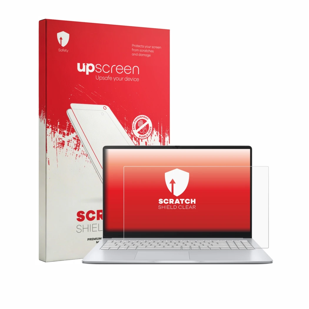 Face avant d’un emballage produit avec le logo de la marque upscreen. À côté, l’appareil ASUS Chromebook CM14 CM1405 est repré