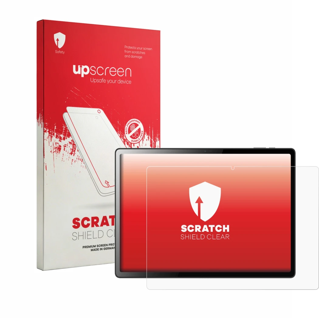 Face avant d’un emballage produit avec le logo de la marque upscreen. À côté, l’appareil Logicom Tab XXL 14