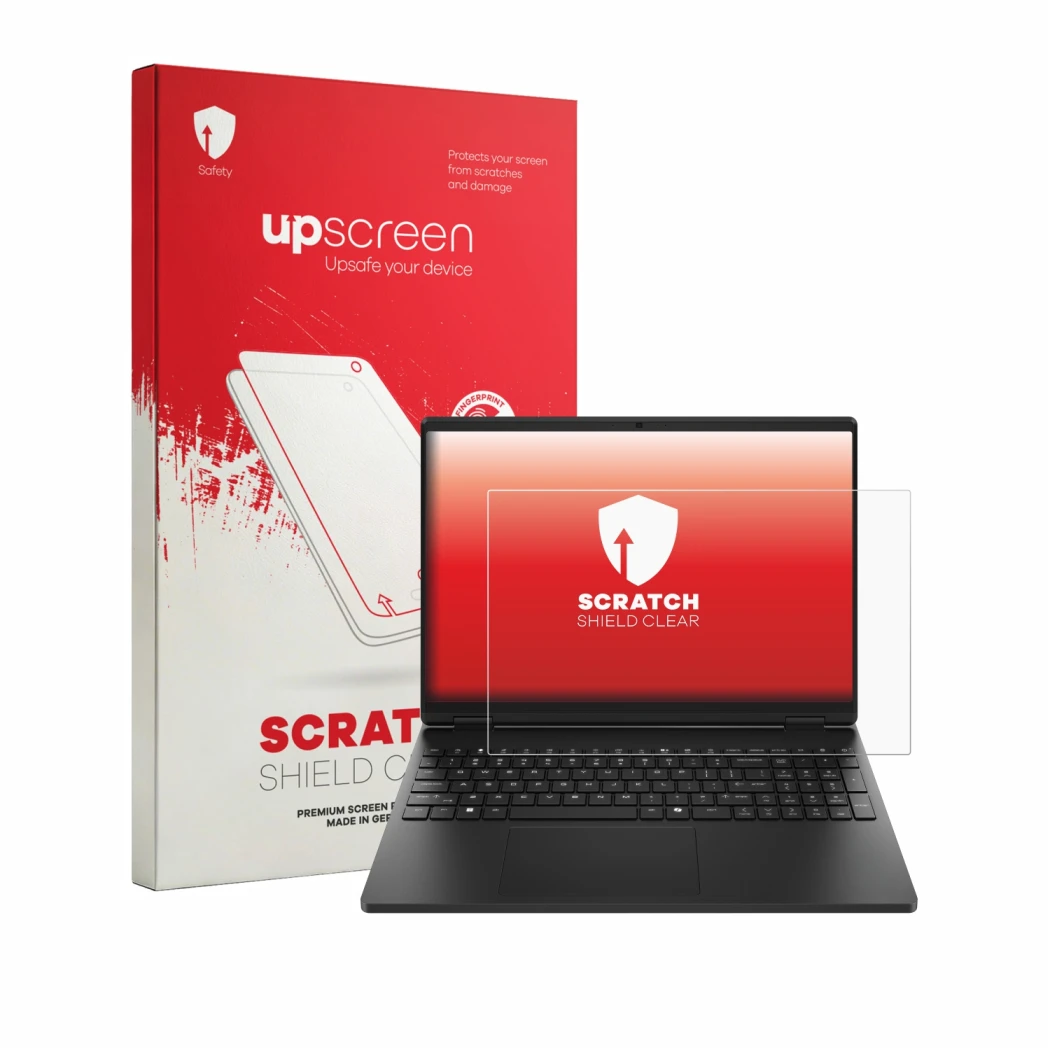 Face avant d’un emballage produit avec le logo de la marque upscreen. À côté, l’appareil HP HyperX OMEN 15 est représenté avec