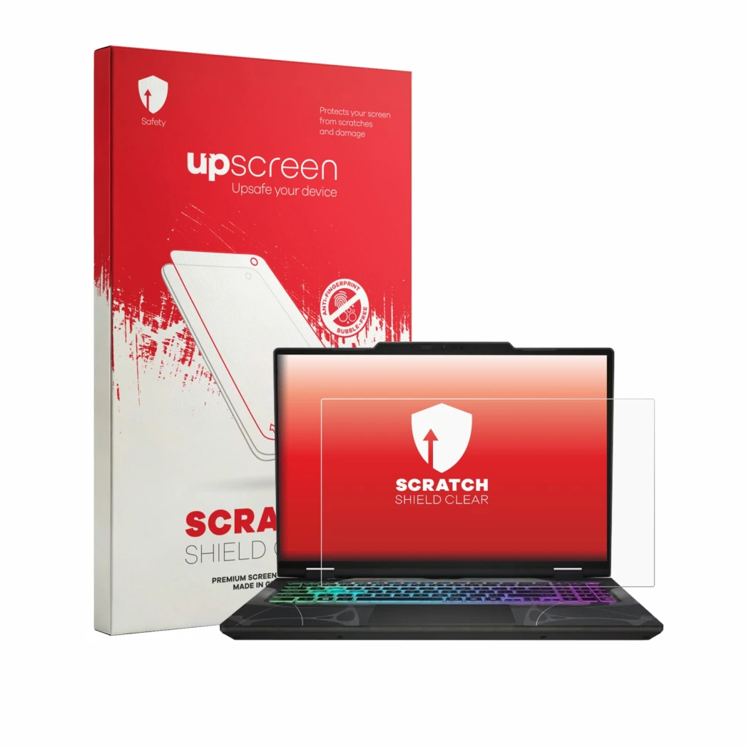 Face avant d’un emballage produit avec le logo de la marque upscreen. À côté, l’appareil MSI Cyborg 15 B13W est représenté ave