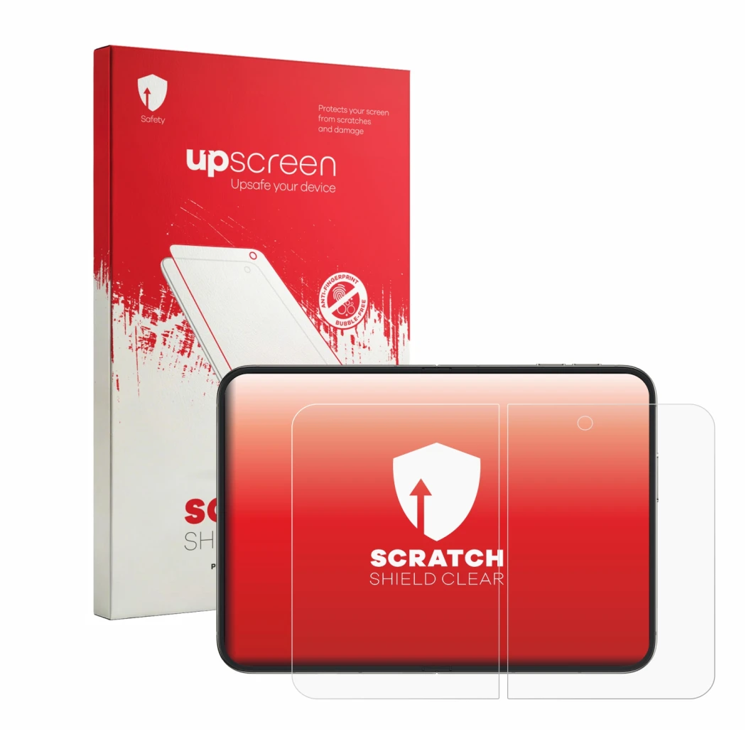 Face avant d’un emballage produit avec le logo de la marque upscreen. À côté, l’appareil Apple iPhone Duo (Affichage interne)