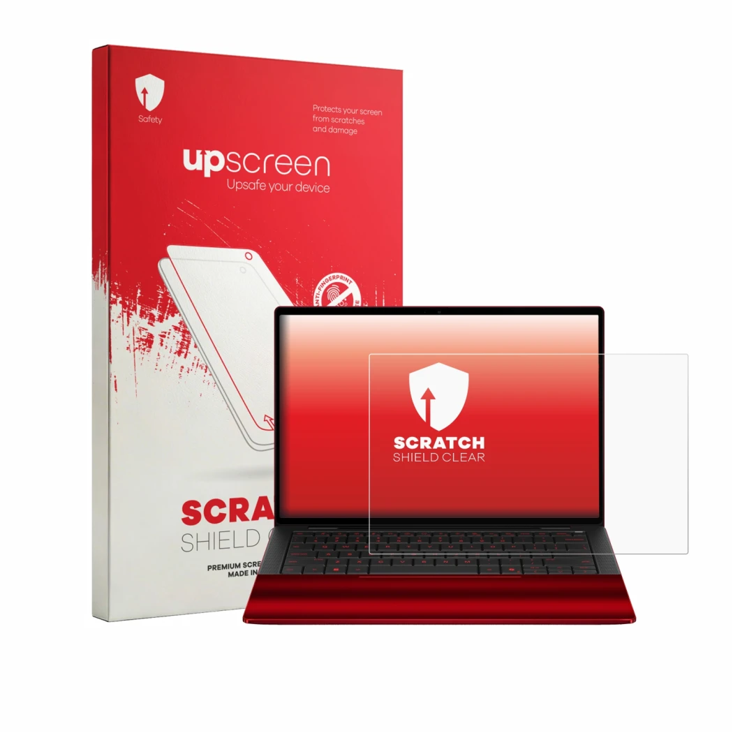 Face avant d’un emballage produit avec le logo de la marque upscreen. À côté, l’appareil HP Scuderia Ferrari Notebook est repr