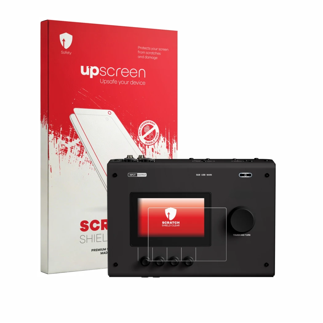 Face avant d’un emballage produit avec le logo de la marque upscreen. À côté, l’appareil Yamaha URX22 est représenté avec la p