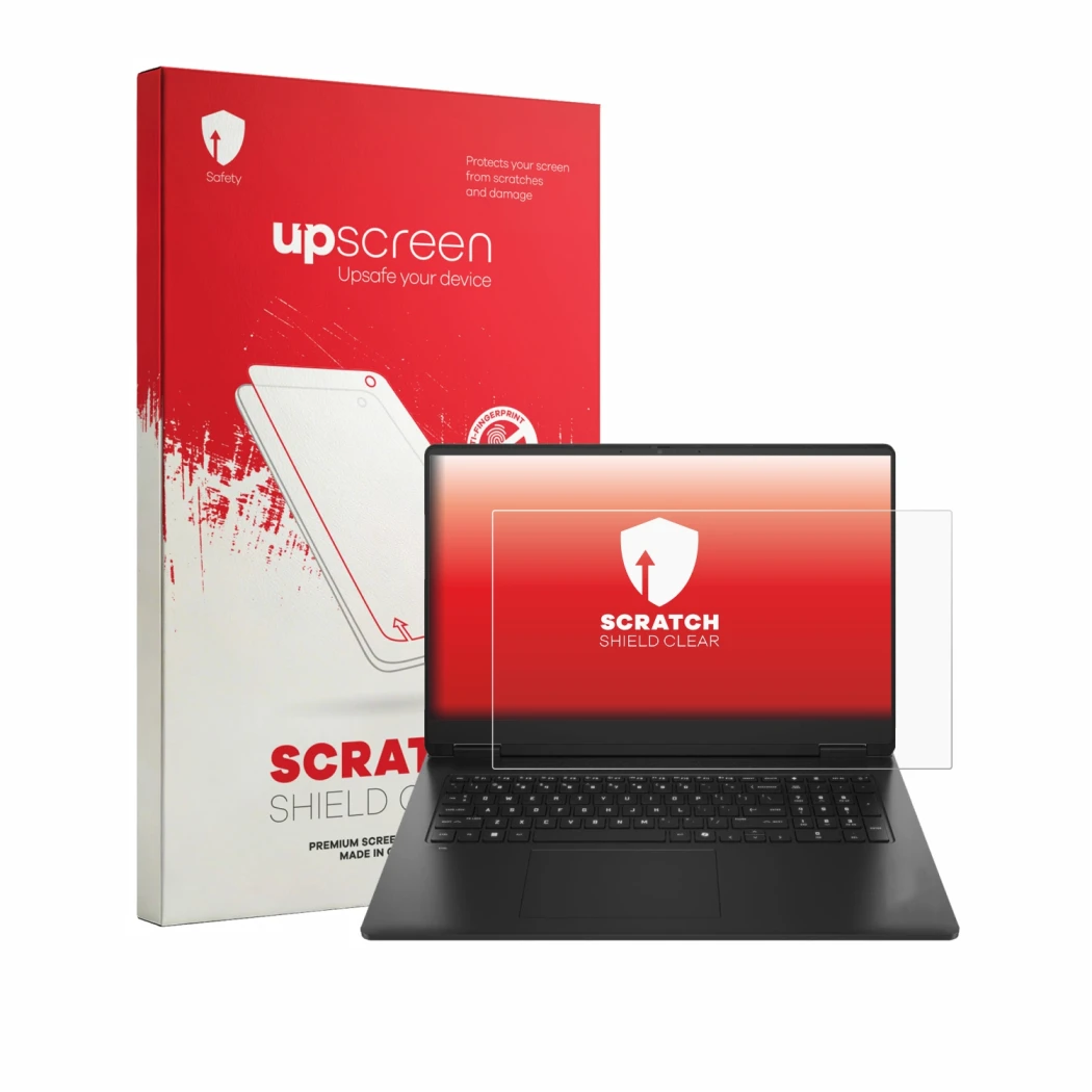 Face avant d’un emballage produit avec le logo de la marque upscreen. À côté, l’appareil HP Omen 17-db1351ng est représenté av