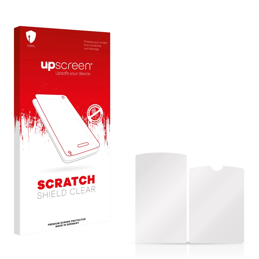 Face avant d’un emballage produit avec le logo de la marque upscreen. À côté se trouve la protection d’écran correspondante.