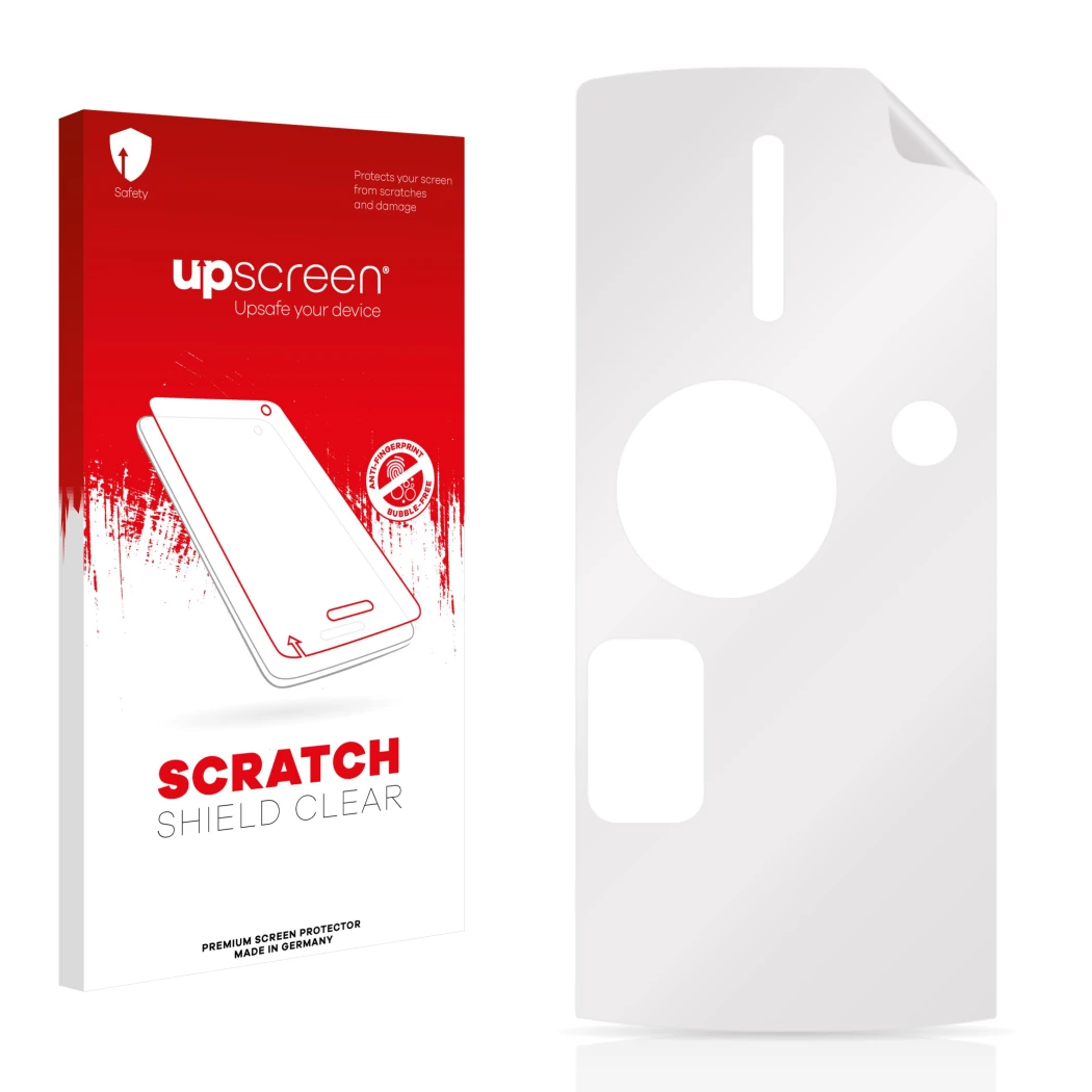 Face avant d’un emballage produit avec le logo de la marque upscreen. À côté se trouve la protection d’écran correspondante.