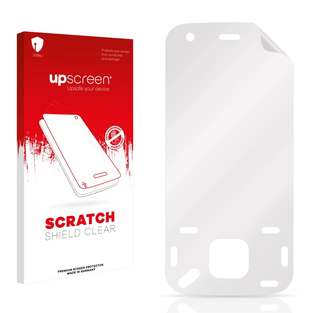 Face avant d’un emballage produit avec le logo de la marque upscreen. À côté se trouve la protection d’écran correspondante.