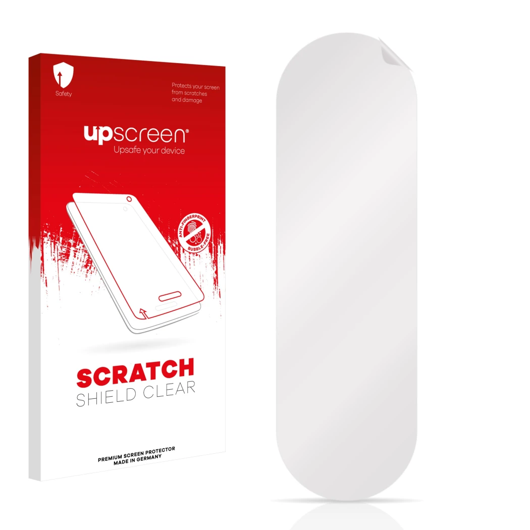 Face avant d’un emballage produit avec le logo de la marque upscreen. À côté se trouve la protection d’écran correspondante.