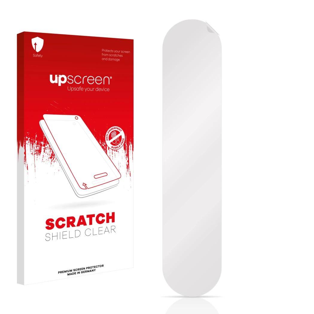 Face avant d’un emballage produit avec le logo de la marque upscreen. À côté se trouve la protection d’écran correspondante.