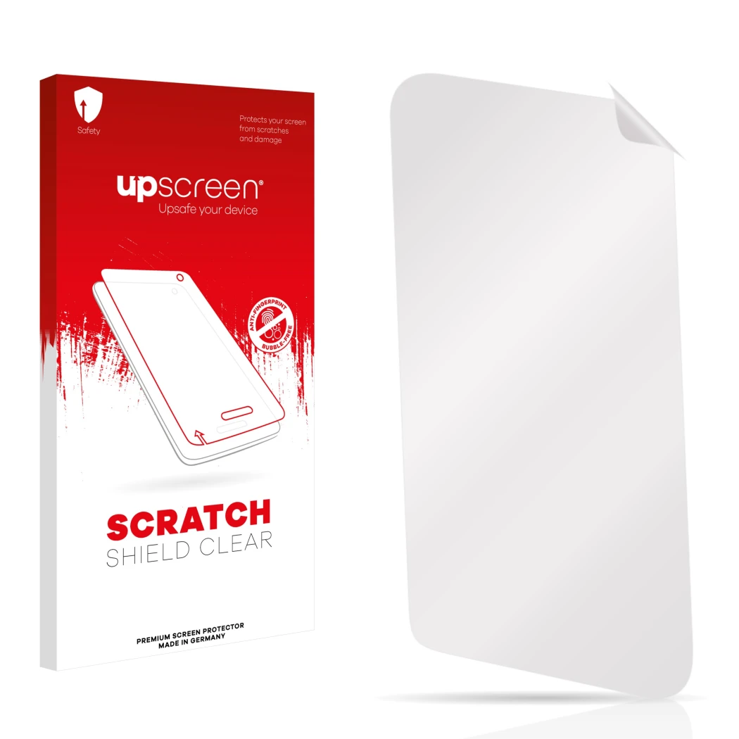 Face avant d’un emballage produit avec le logo de la marque upscreen. À côté se trouve la protection d’écran correspondante.