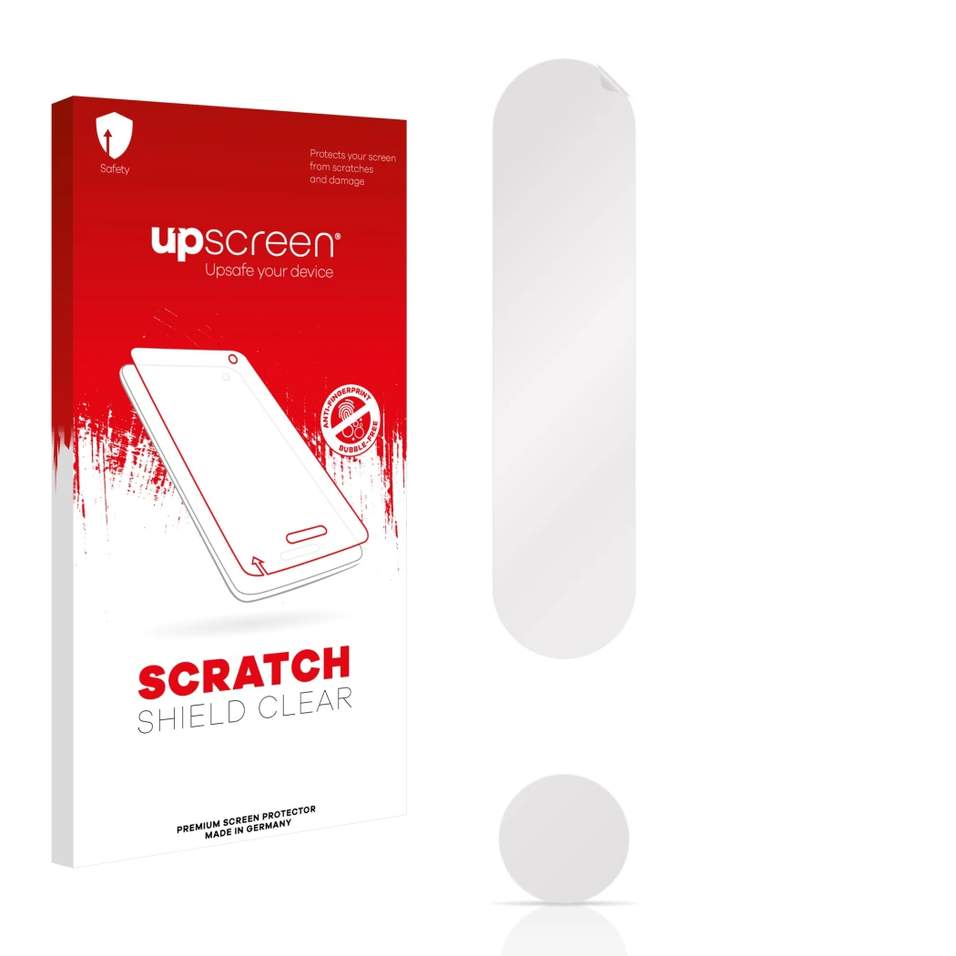 Face avant d’un emballage produit avec le logo de la marque upscreen. À côté se trouve la protection d’écran correspondante.