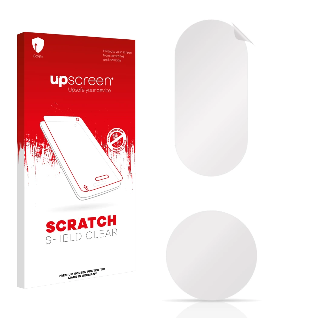 Face avant d’un emballage produit avec le logo de la marque upscreen. À côté se trouve la protection d’écran correspondante.