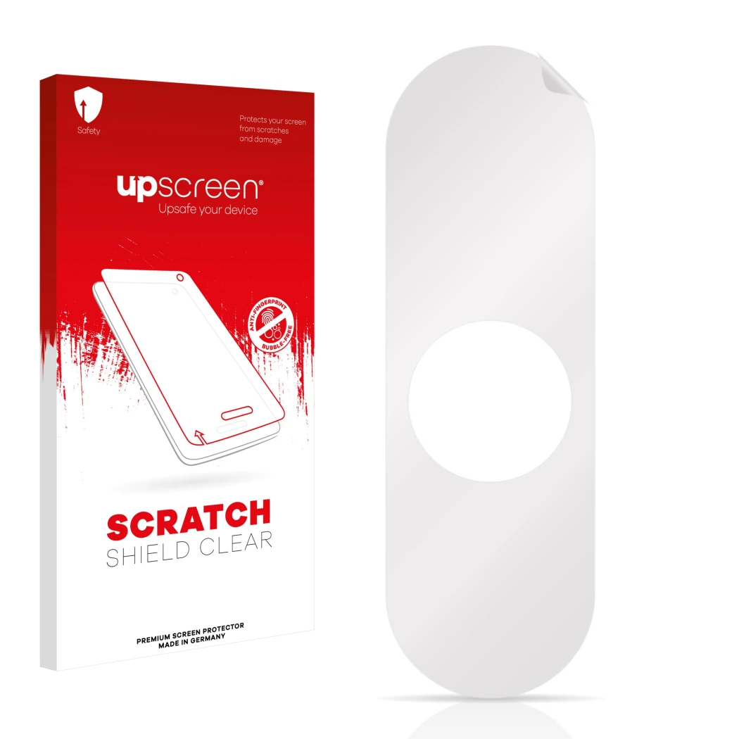 Face avant d’un emballage produit avec le logo de la marque upscreen. À côté se trouve la protection d’écran correspondante.