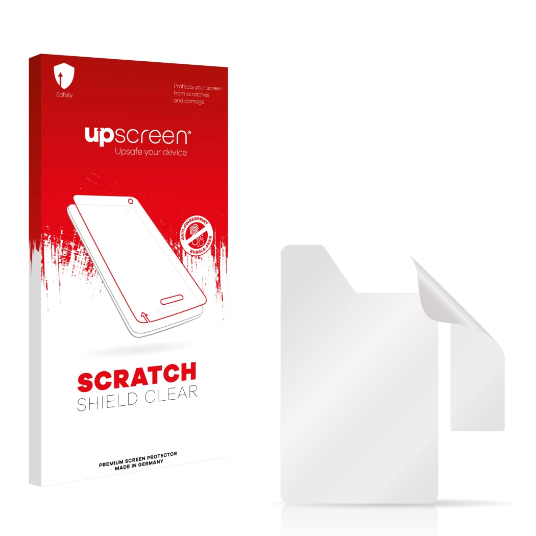 Face avant d’un emballage produit avec le logo de la marque upscreen. À côté se trouve la protection d’écran correspondante.