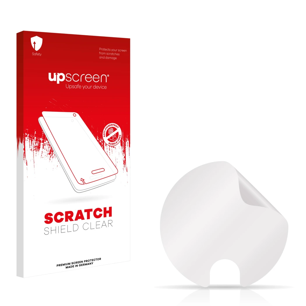 Face avant d’un emballage produit avec le logo de la marque upscreen. À côté se trouve la protection d’écran correspondante.