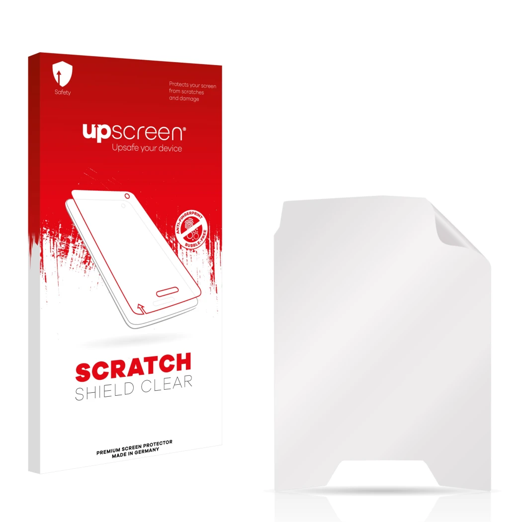 Face avant d’un emballage produit avec le logo de la marque upscreen. À côté se trouve la protection d’écran correspondante.