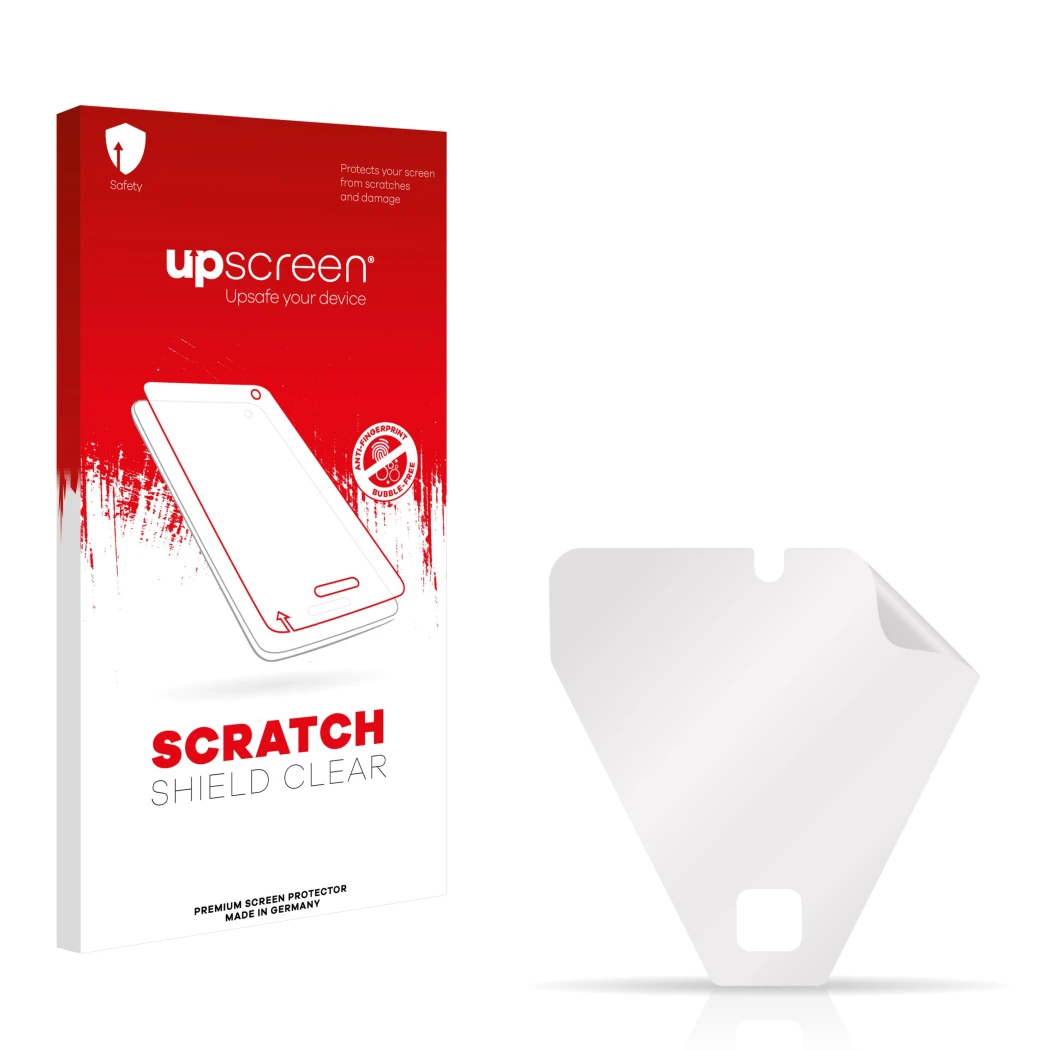 Face avant d’un emballage produit avec le logo de la marque upscreen. À côté se trouve la protection d’écran correspondante.